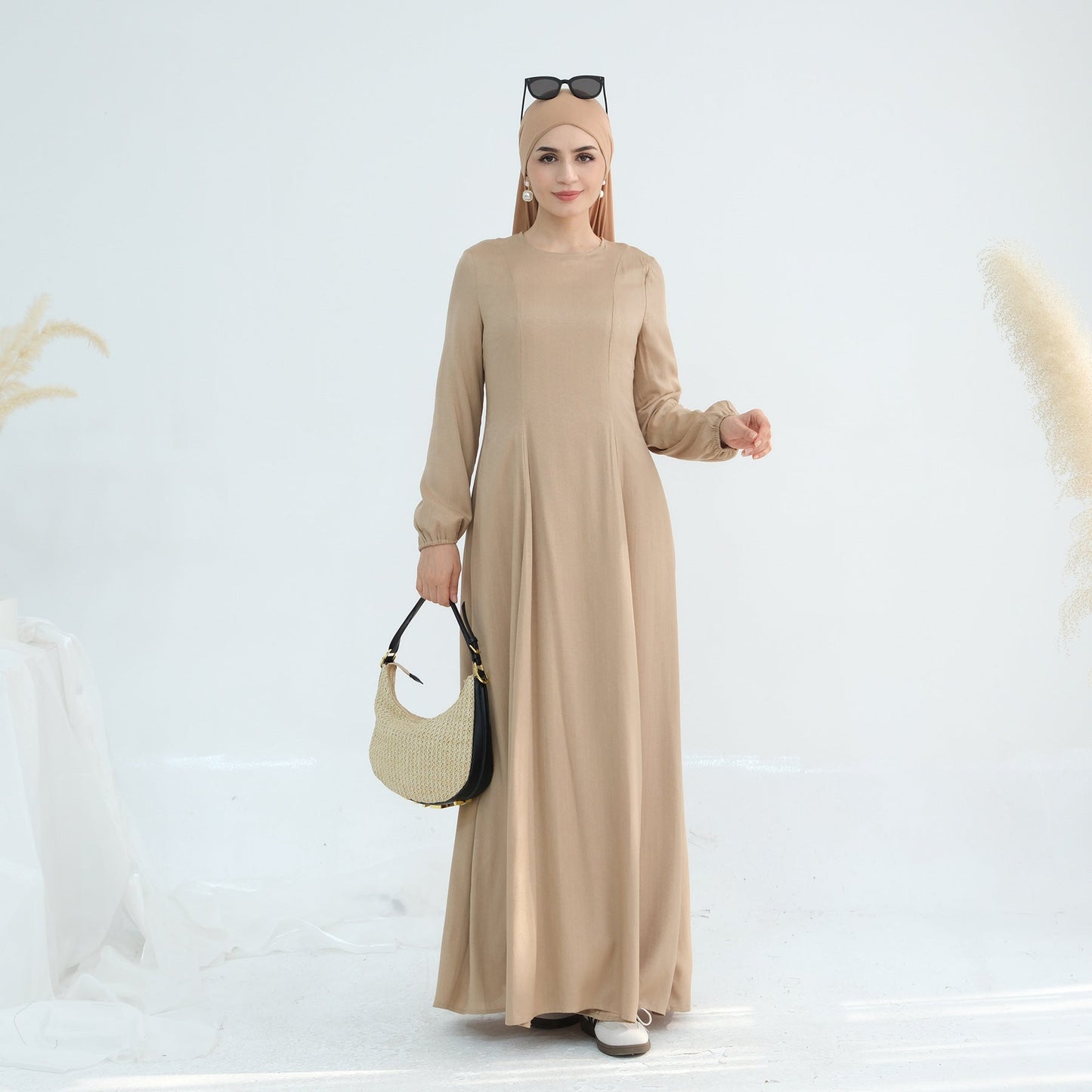 HA6632 Double Lined Simple Long Sleeve Dress