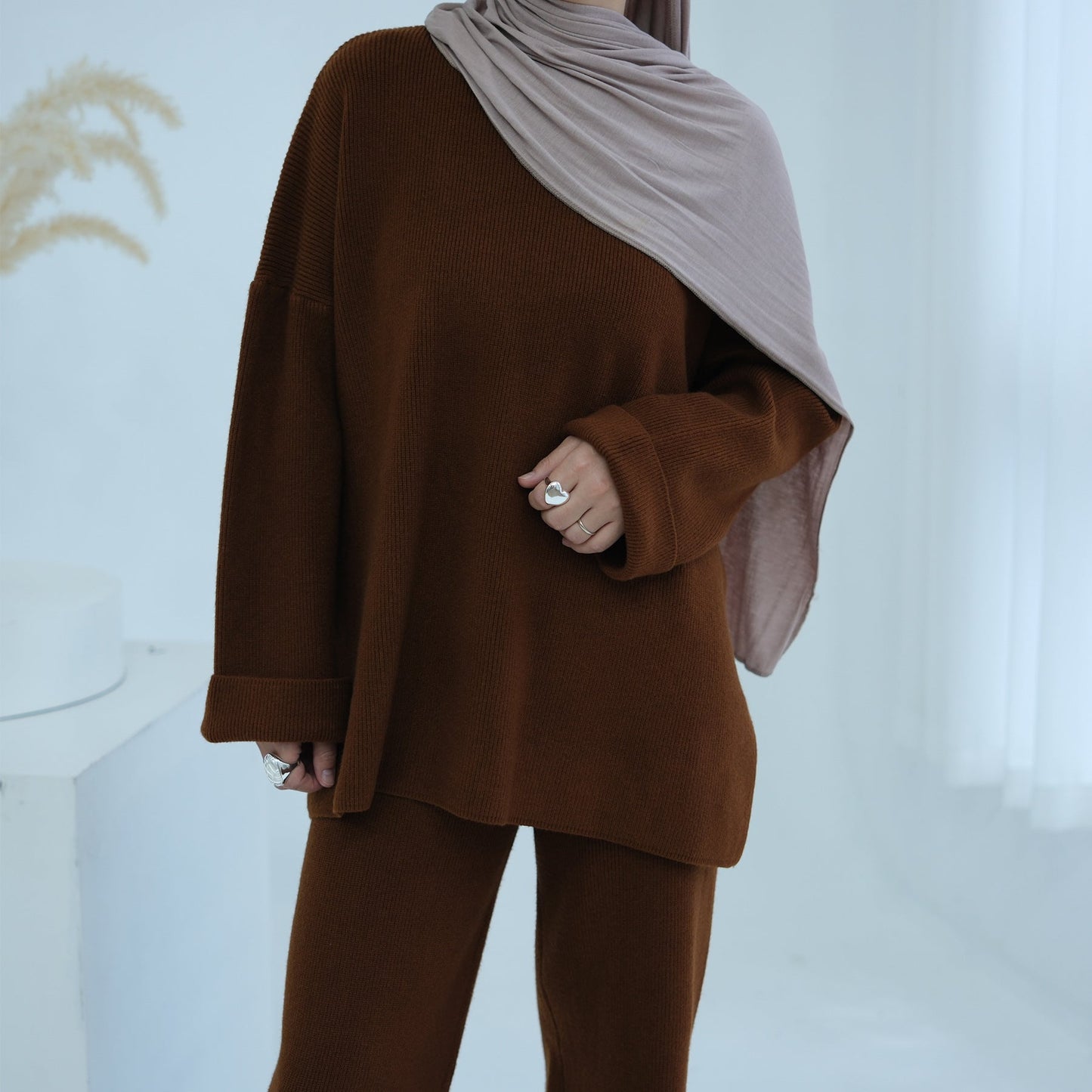 HA6599 Autumn and Winter Thickened Knitted Suit Solid Color Two-piece Suit (excluding Headscarf) Top + Trousers