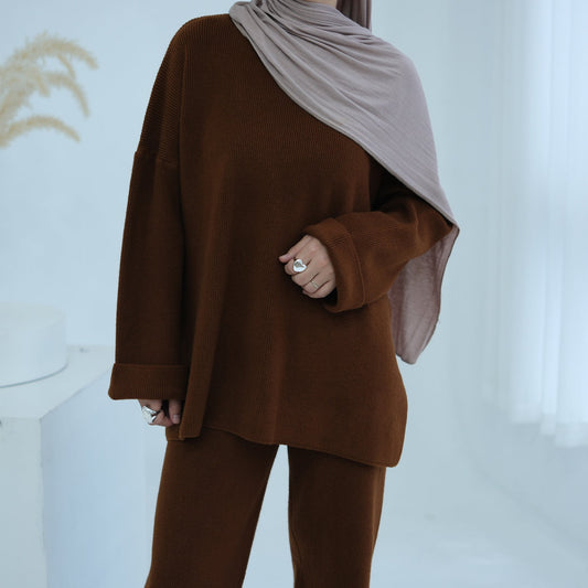HA6599 Autumn and Winter Thickened Knitted Suit Solid Color Two-piece Suit (excluding Headscarf) Top + Trousers