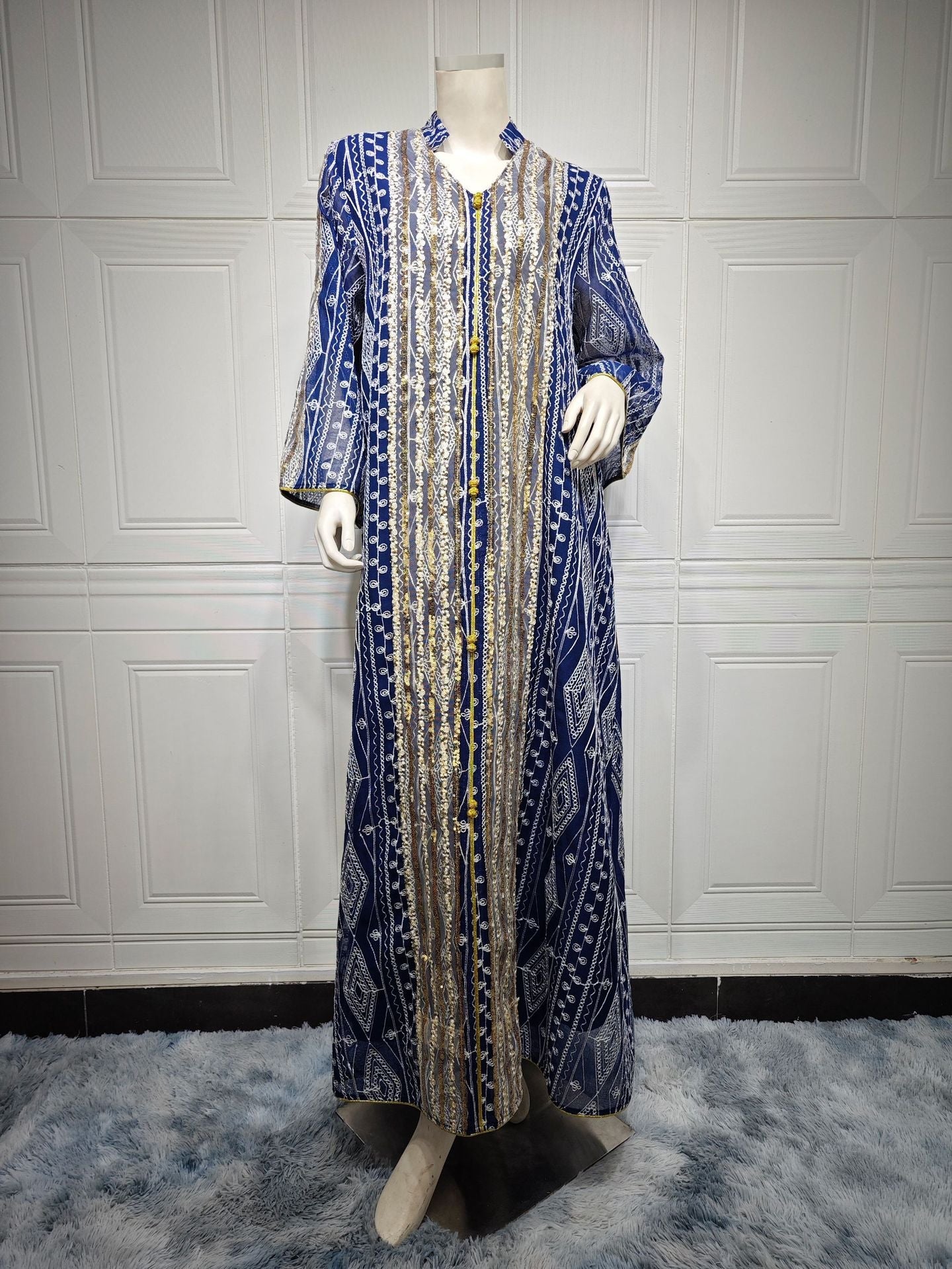 HA6662 Mesh embroidery sequin patchwork long-sleeved dress, loose robe style