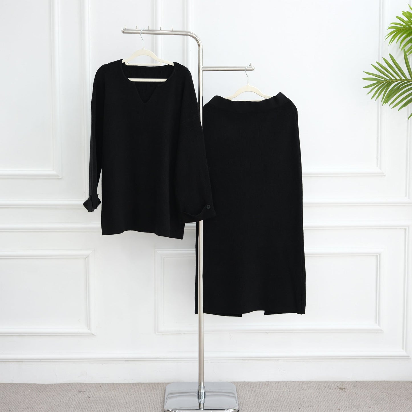 HA6597 Autumn and winter thickened knitted suit solid color two-piece suit (excluding headscarf) top + skirt