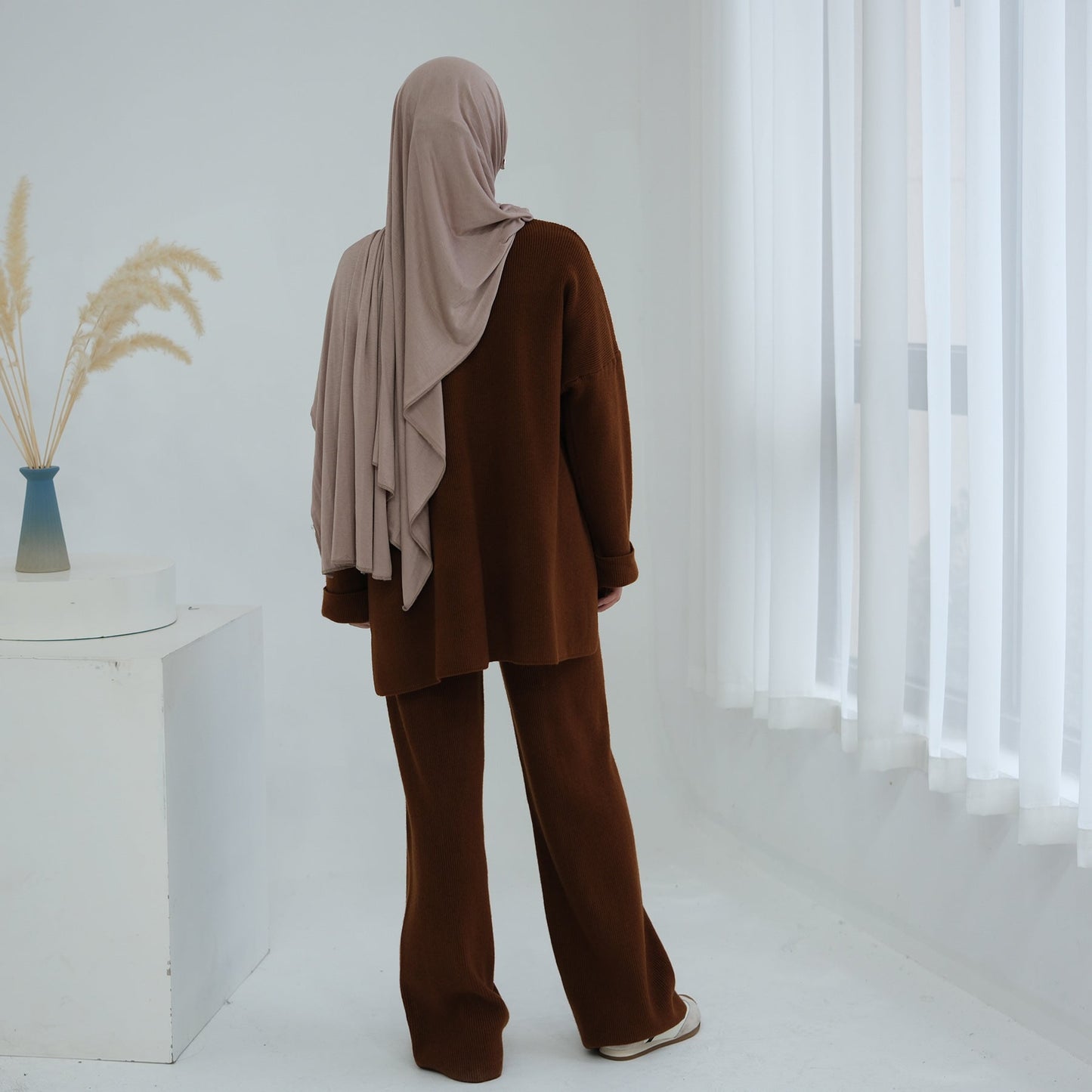 HA6599 Autumn and Winter Thickened Knitted Suit Solid Color Two-piece Suit (excluding Headscarf) Top + Trousers