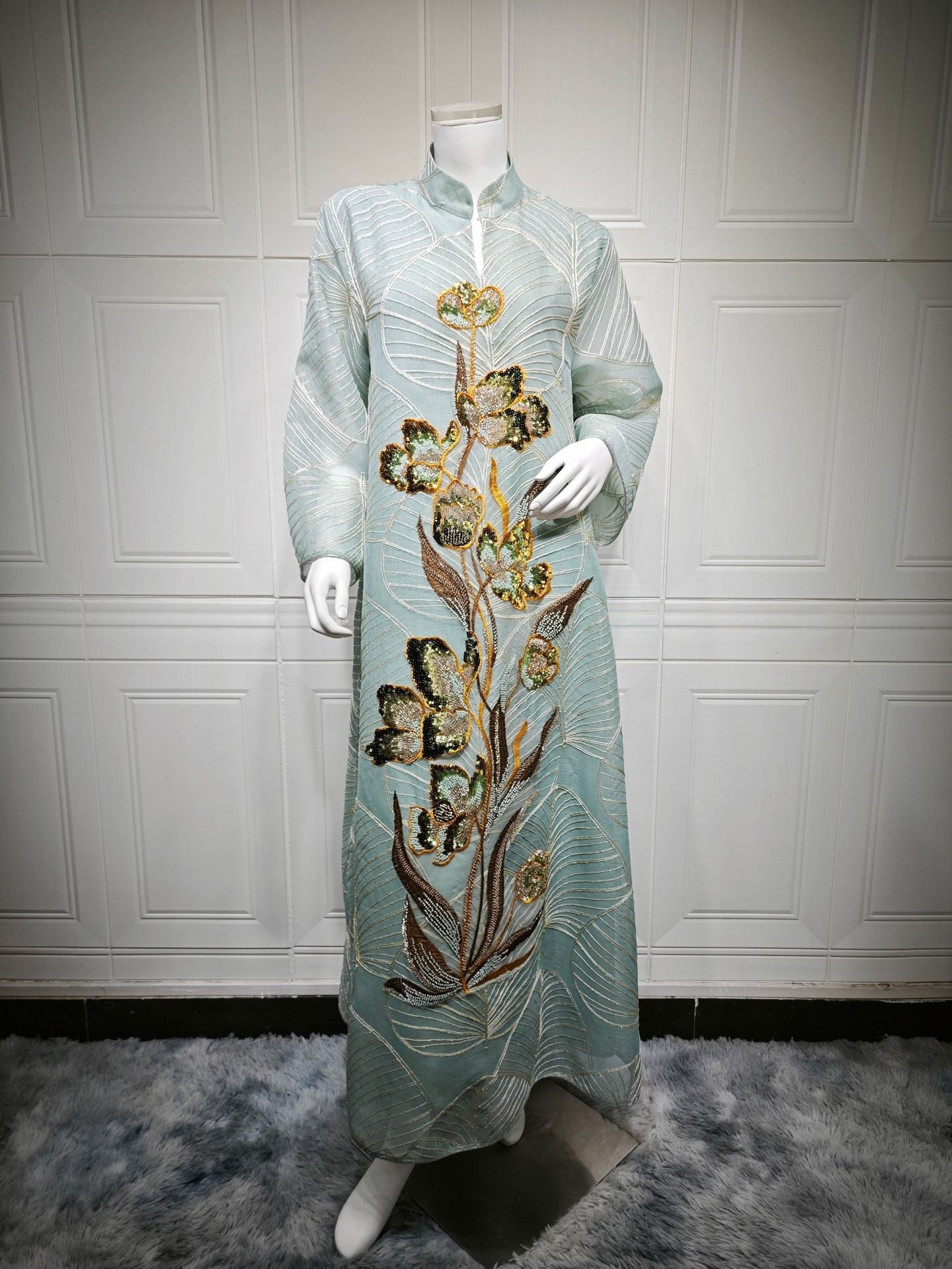 HA6657 Women's Long Robe Dress with Mesh Embroidery