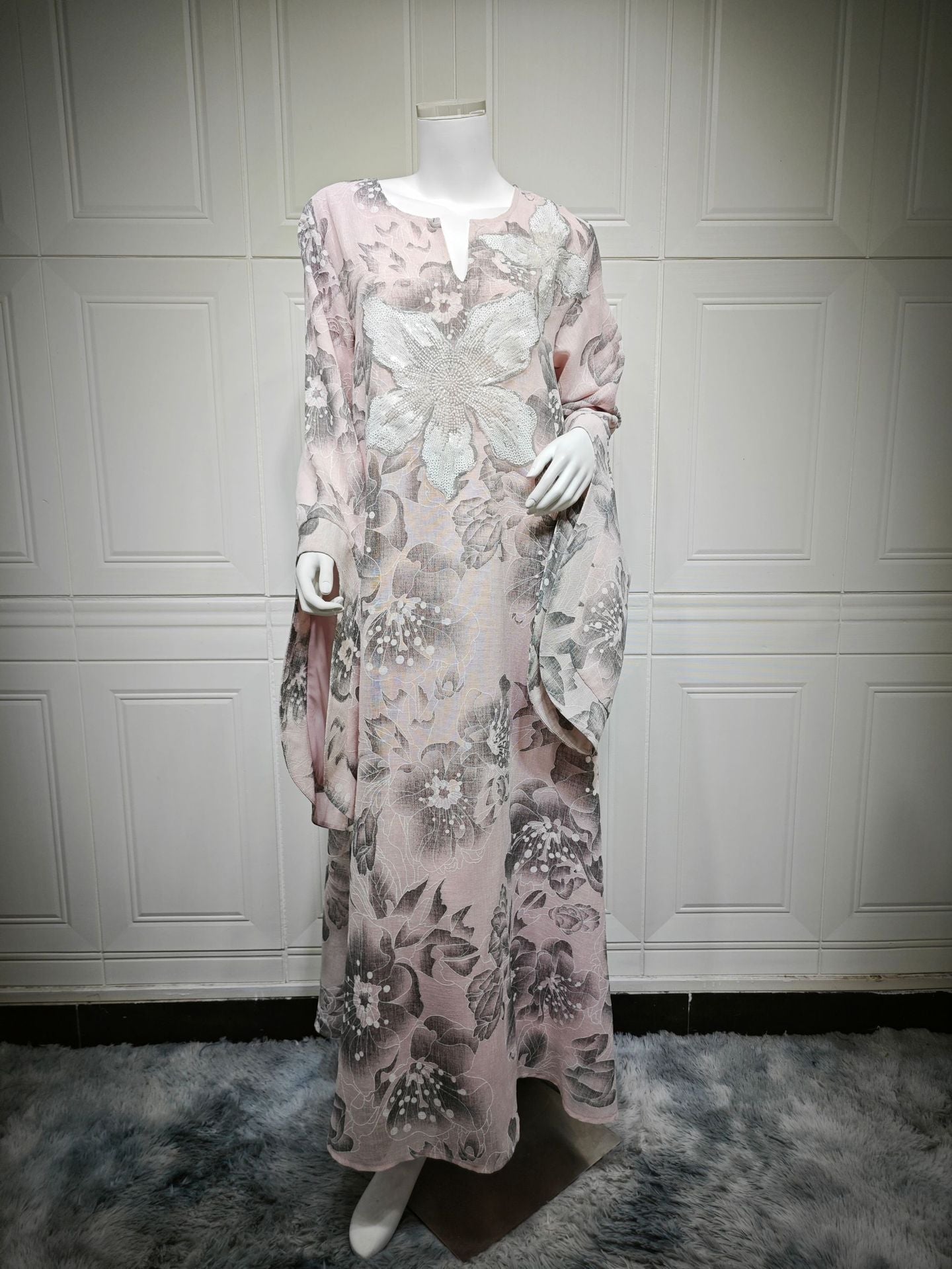HA6639 Floral Appliqué Embroidered Long Dress
