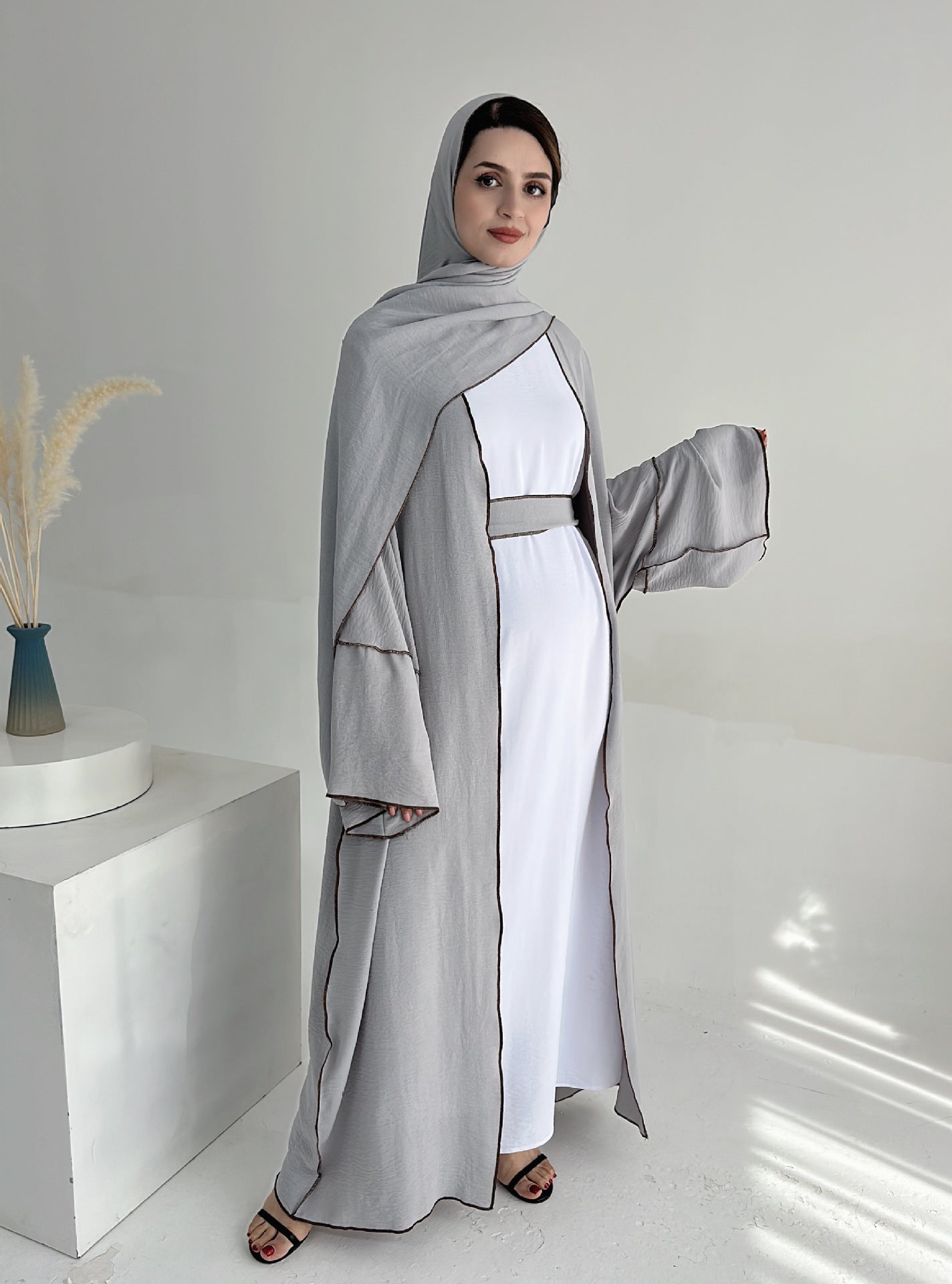 HASA HA1246H 2 PCS SET Crepe Solid Color Loose Hem Cardigan Robe with Hijab