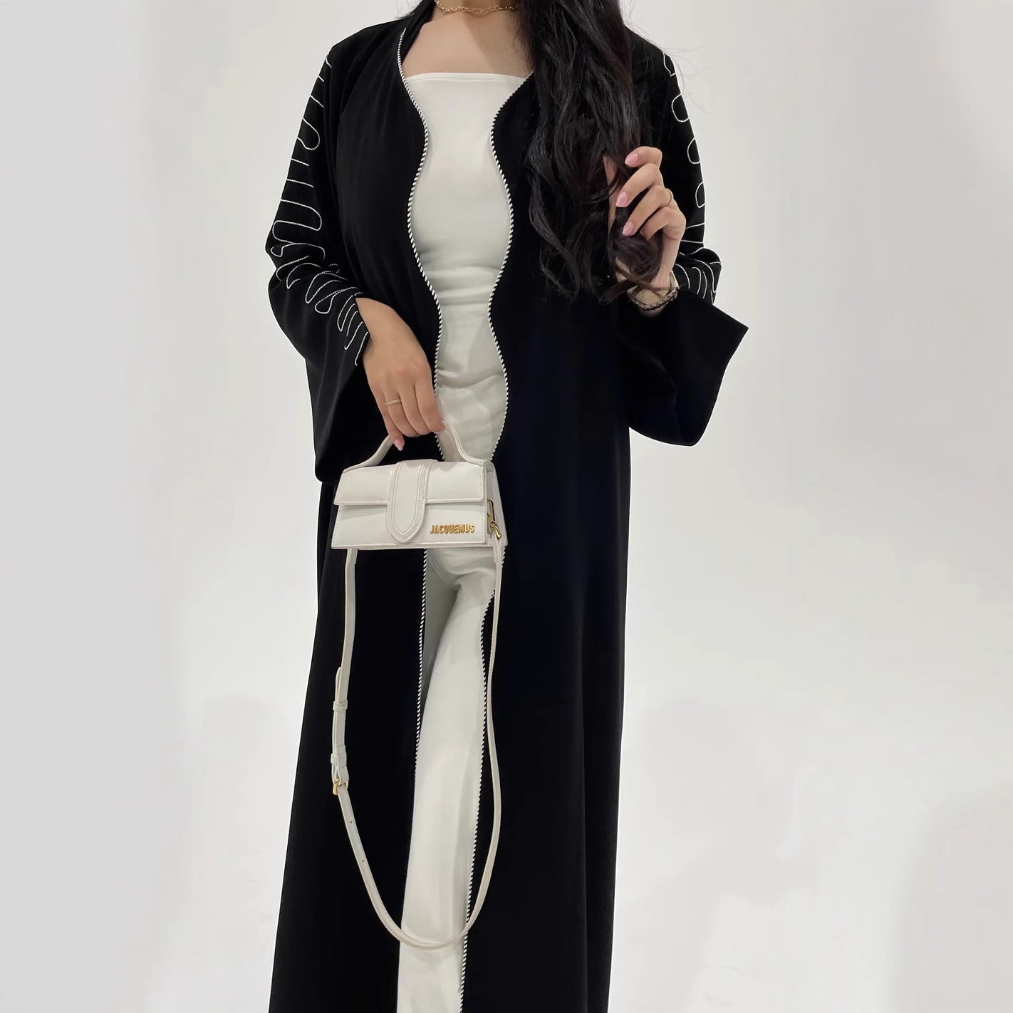 HA6582 Abaya Long Embroidered Wavy Edge Cardigan