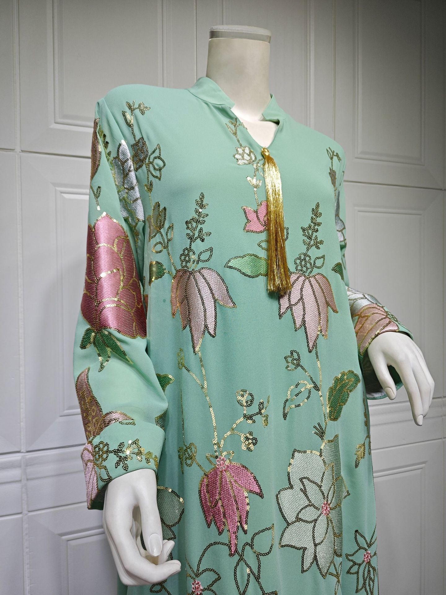 HA6649 Sequined Embroidered Tassel Long Robe, Elegant and Sophisticated Dress