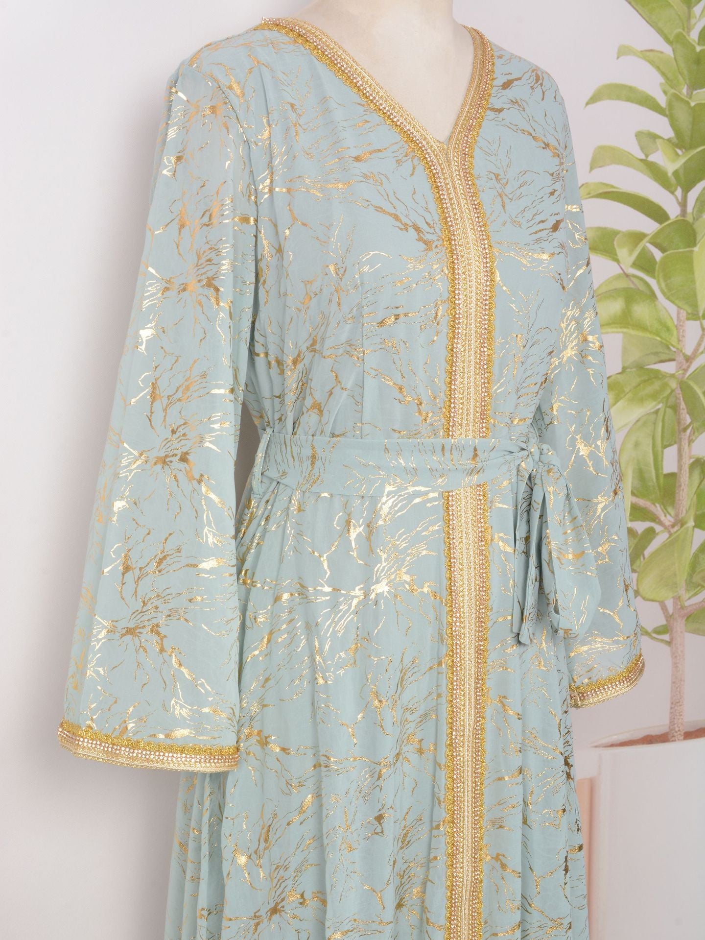 HS6731 V-neck gold-embroidered robe maxi dress