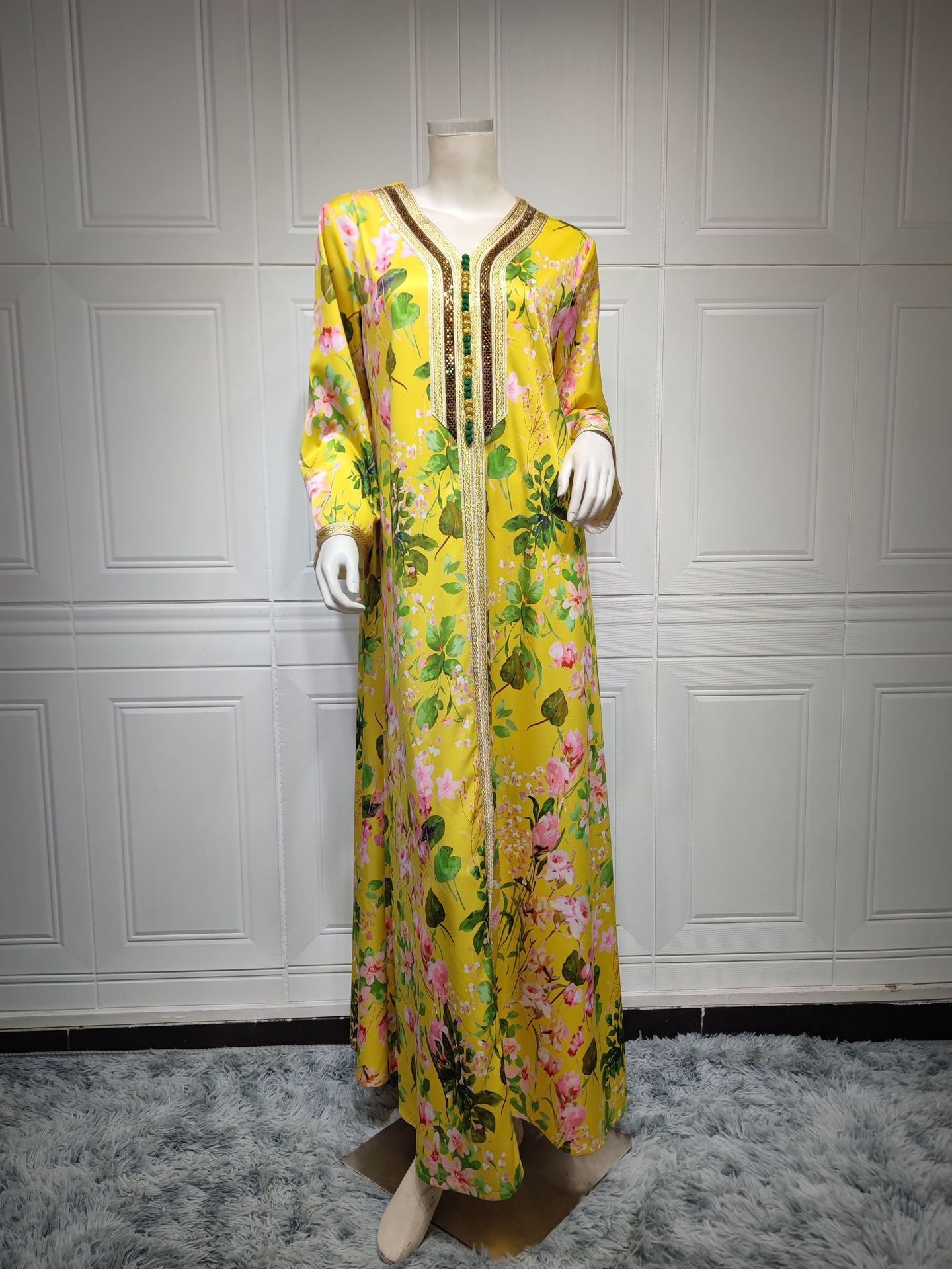 HAYA HAYA1075 Abaya Robe New Printed Rhinestone Dress