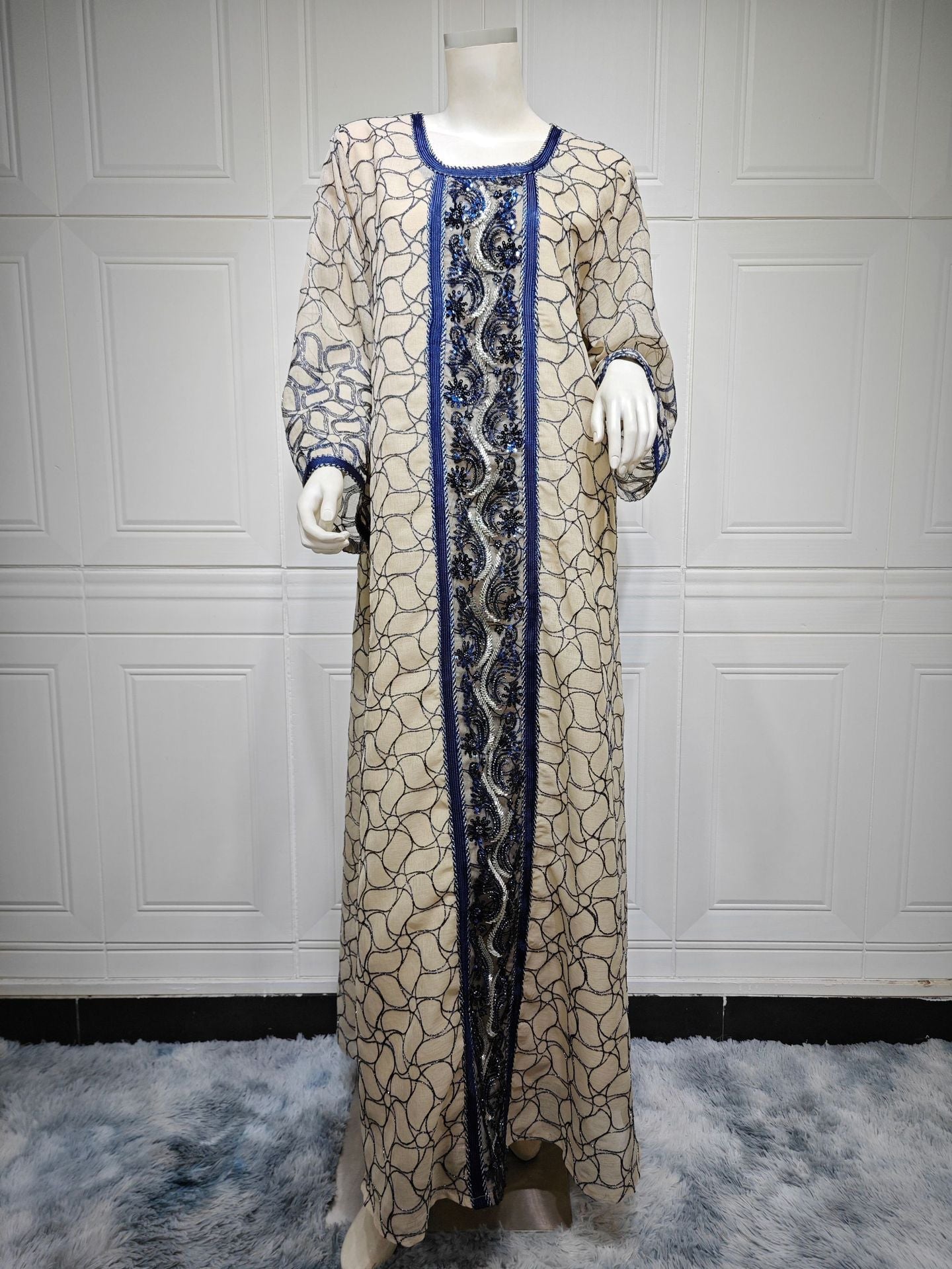 HA6668 A Simple and Elegant Long Dress Adorned with Mesh Embroidery.