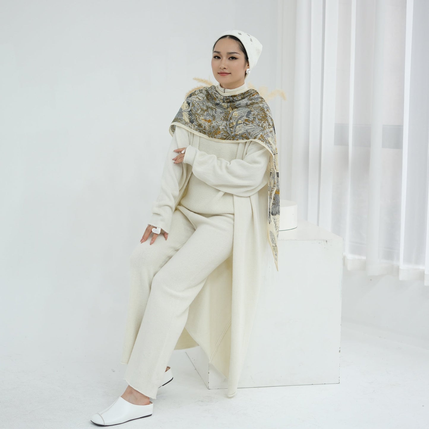 HA6603 Thickened knitted three-piece long coat set (with optional headscarf)