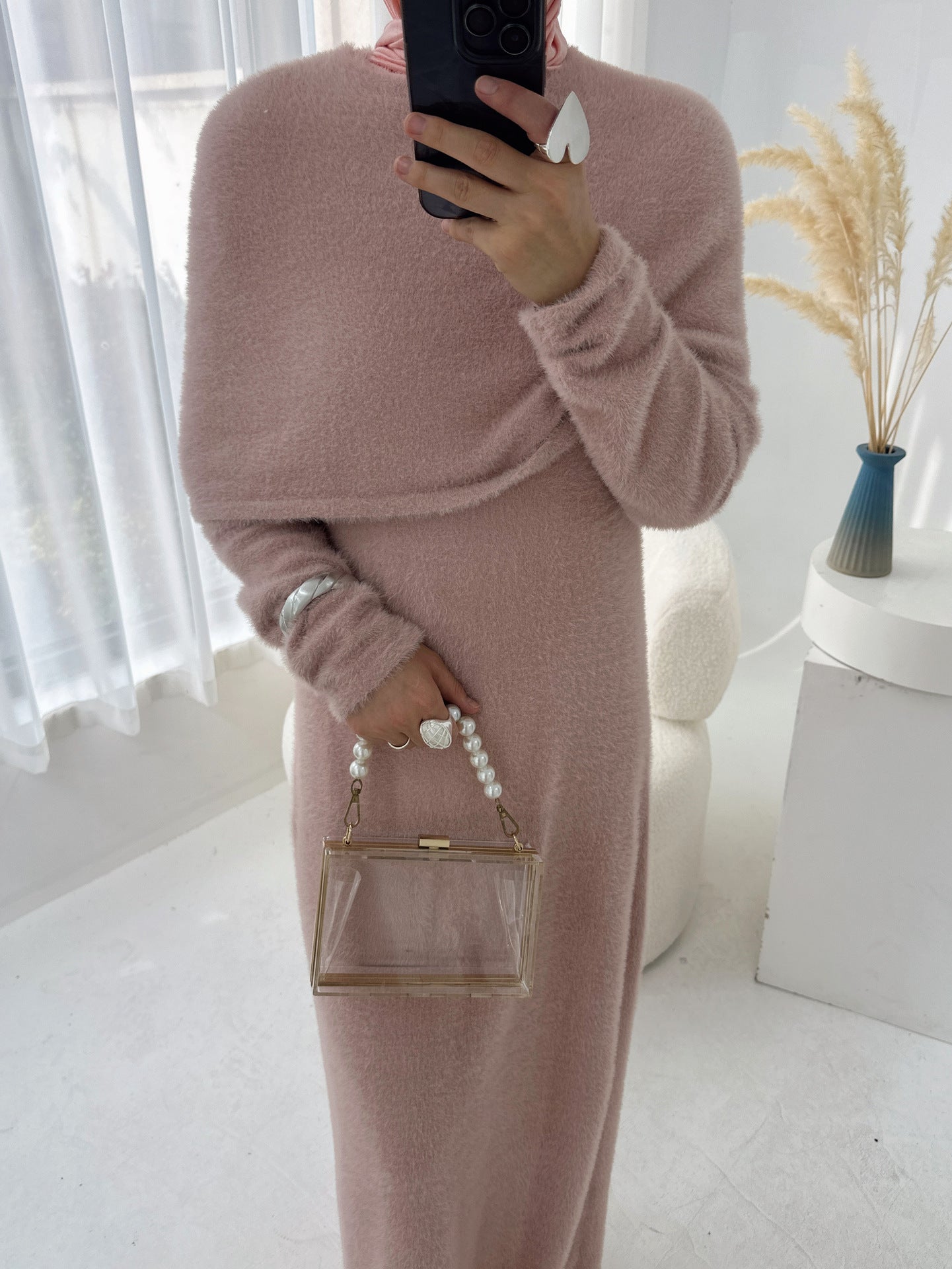 HA6604  Slim-fit Knit Sweater Two-piece Set with Shawl Design (headscarf Optional)