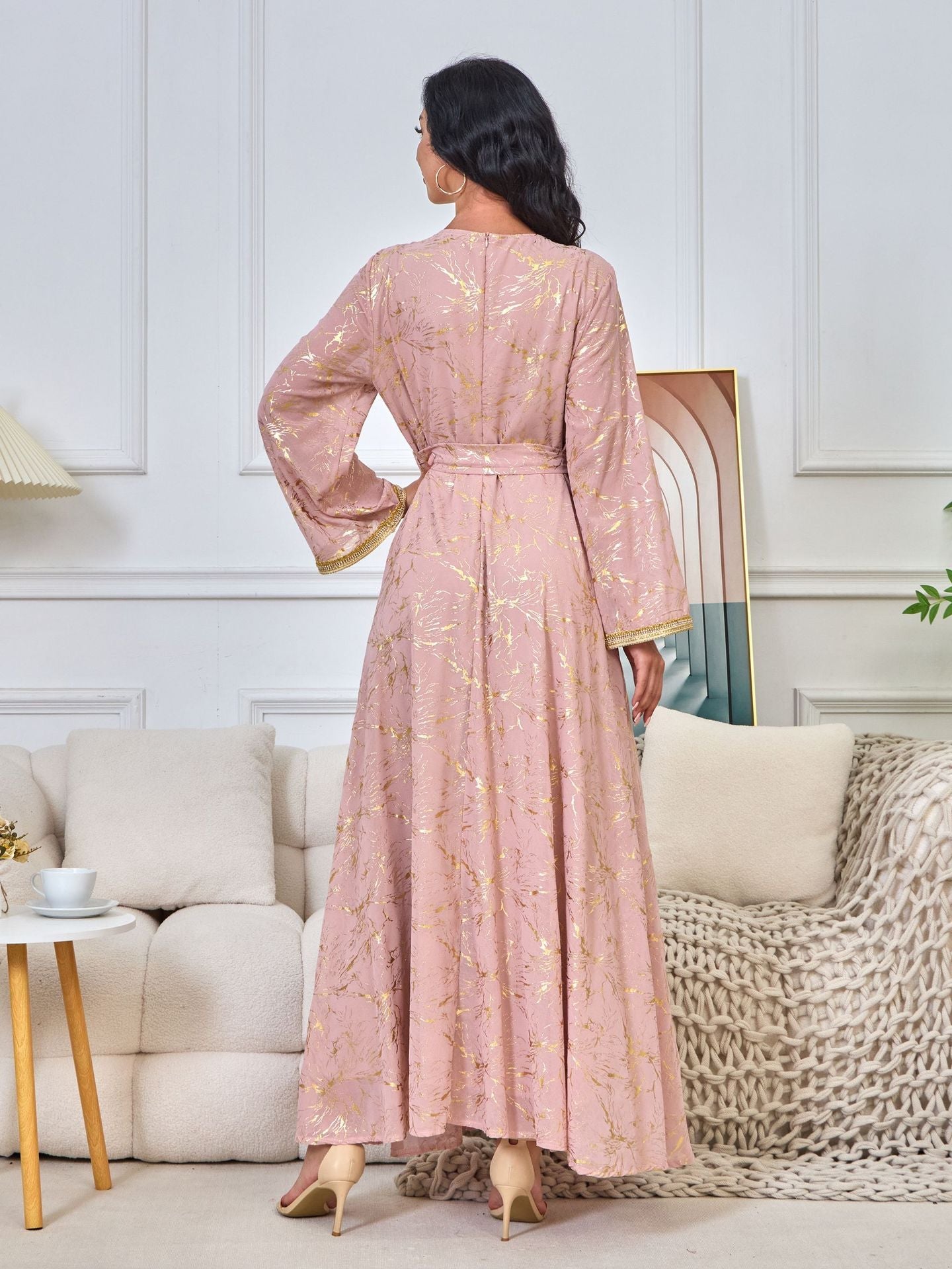 HS6731 V-neck gold-embroidered robe maxi dress