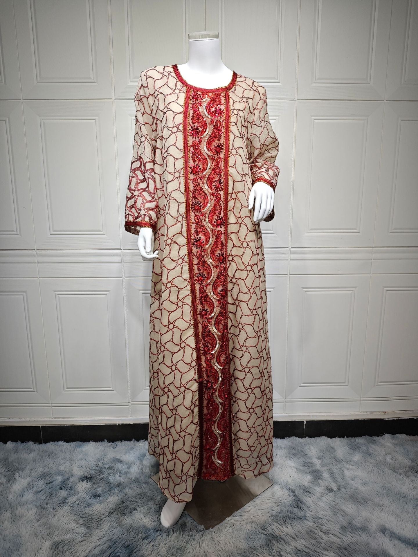 HA6668 A Simple and Elegant Long Dress Adorned with Mesh Embroidery.