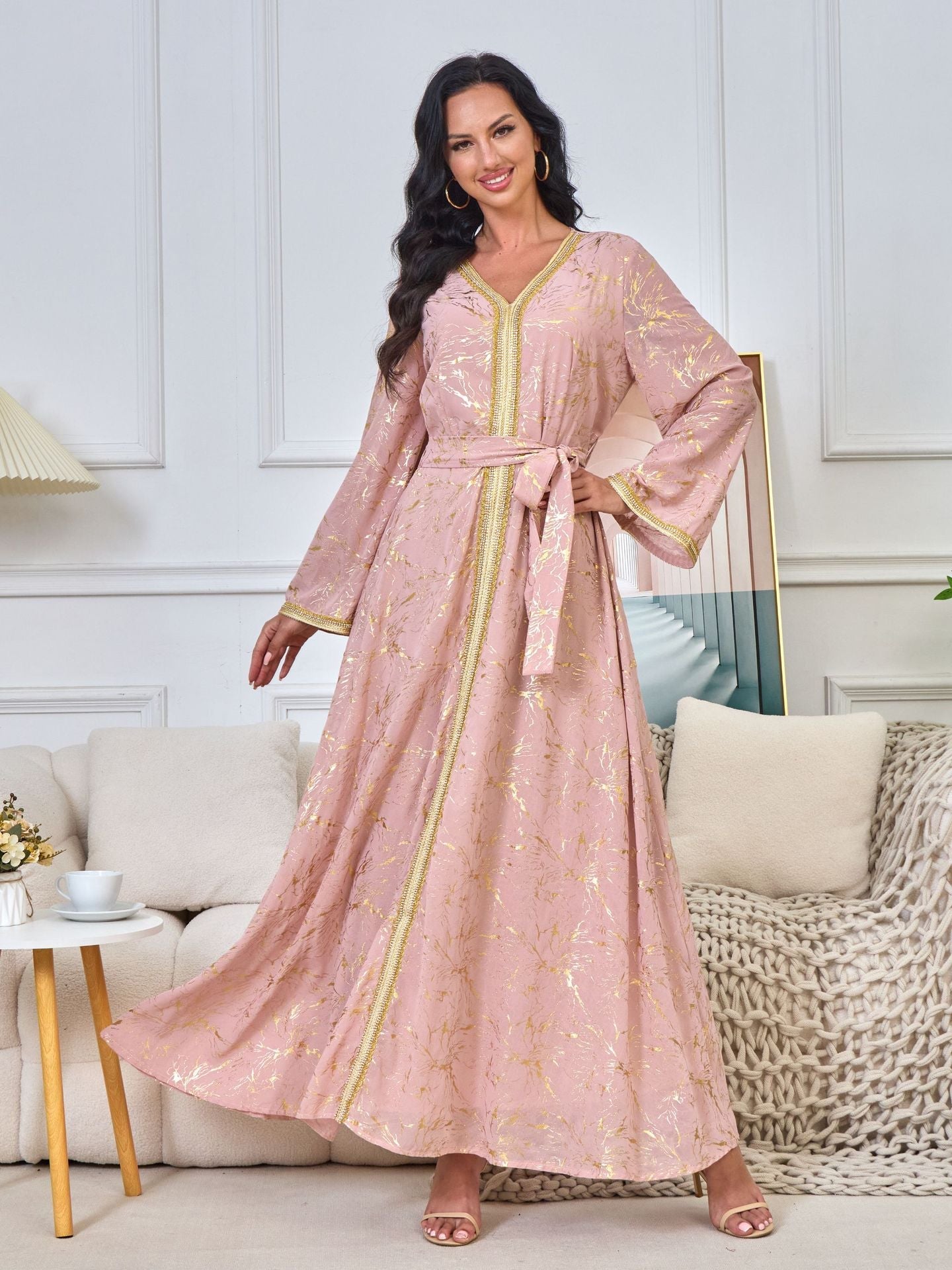 HS6731 V-neck gold-embroidered robe maxi dress