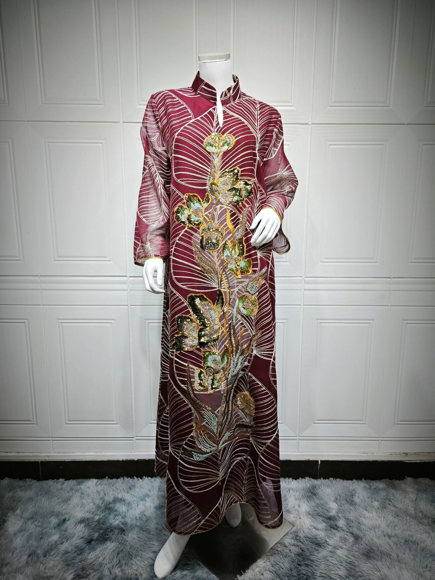 HA6657 Women's Long Robe Dress with Mesh Embroidery