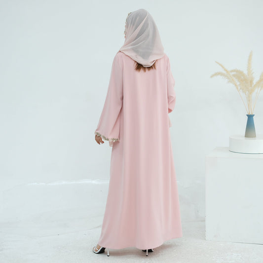 HA6618 Pink Flower Stitching Cardigan Two-Piece Set (Including Headscarf)