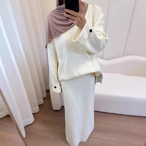 HA6597 Autumn and winter thickened knitted suit solid color two-piece suit (excluding headscarf) top + skirt