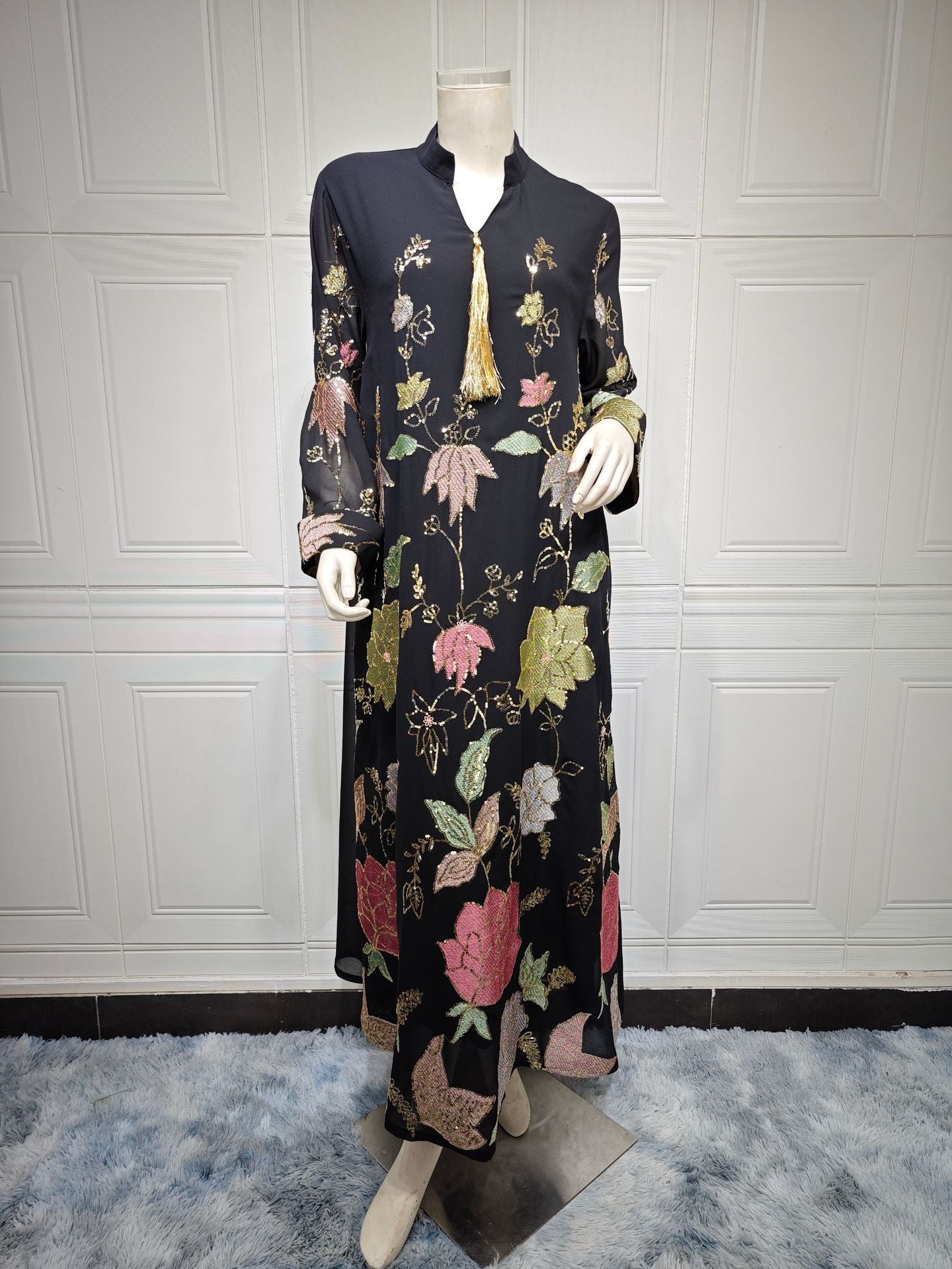 HA6649 Sequined Embroidered Tassel Long Robe, Elegant and Sophisticated Dress