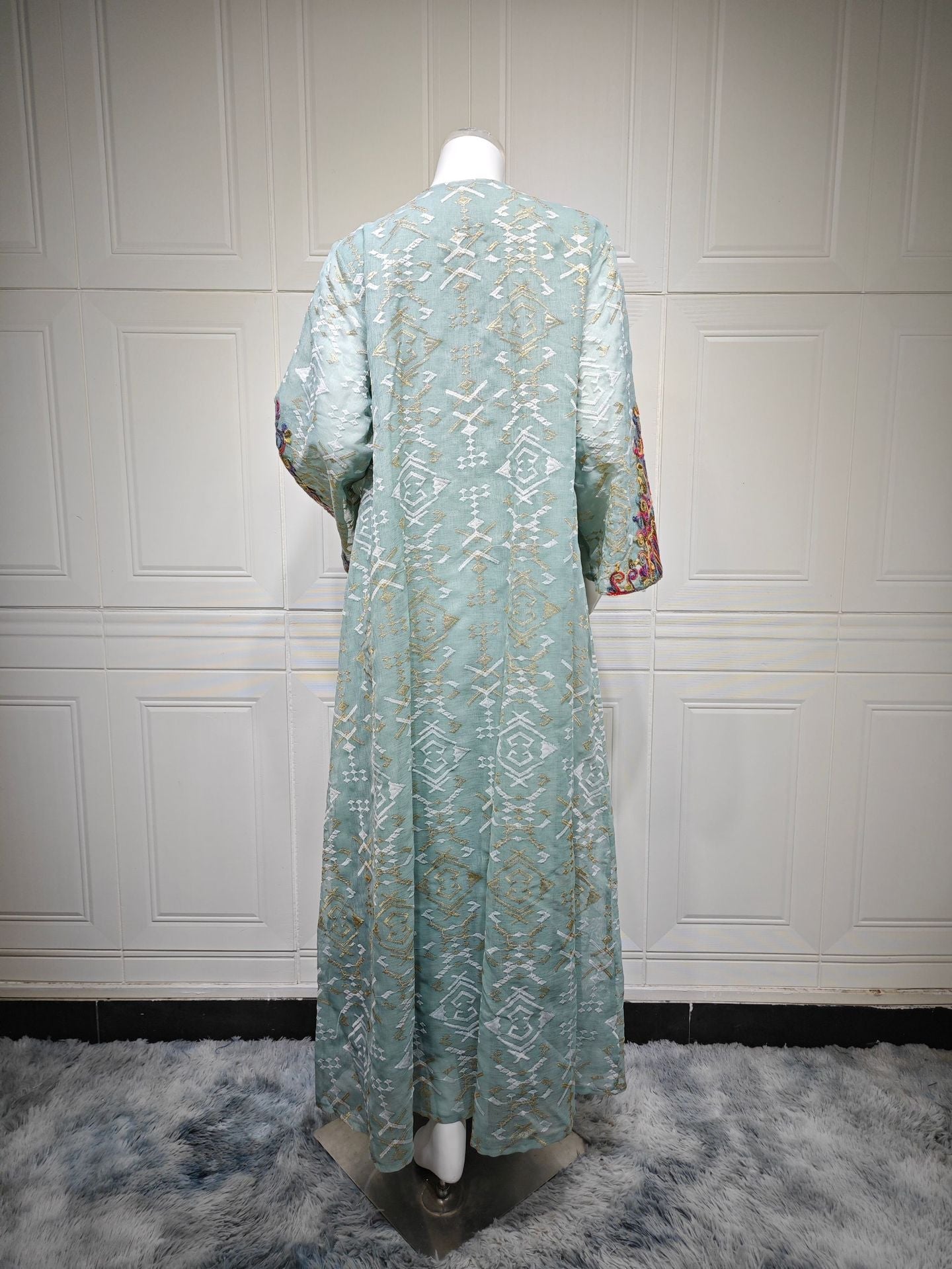 HA6663 Mesh Embroidery Patchwork Long-sleeved Dress, Robe-style Loose Fit