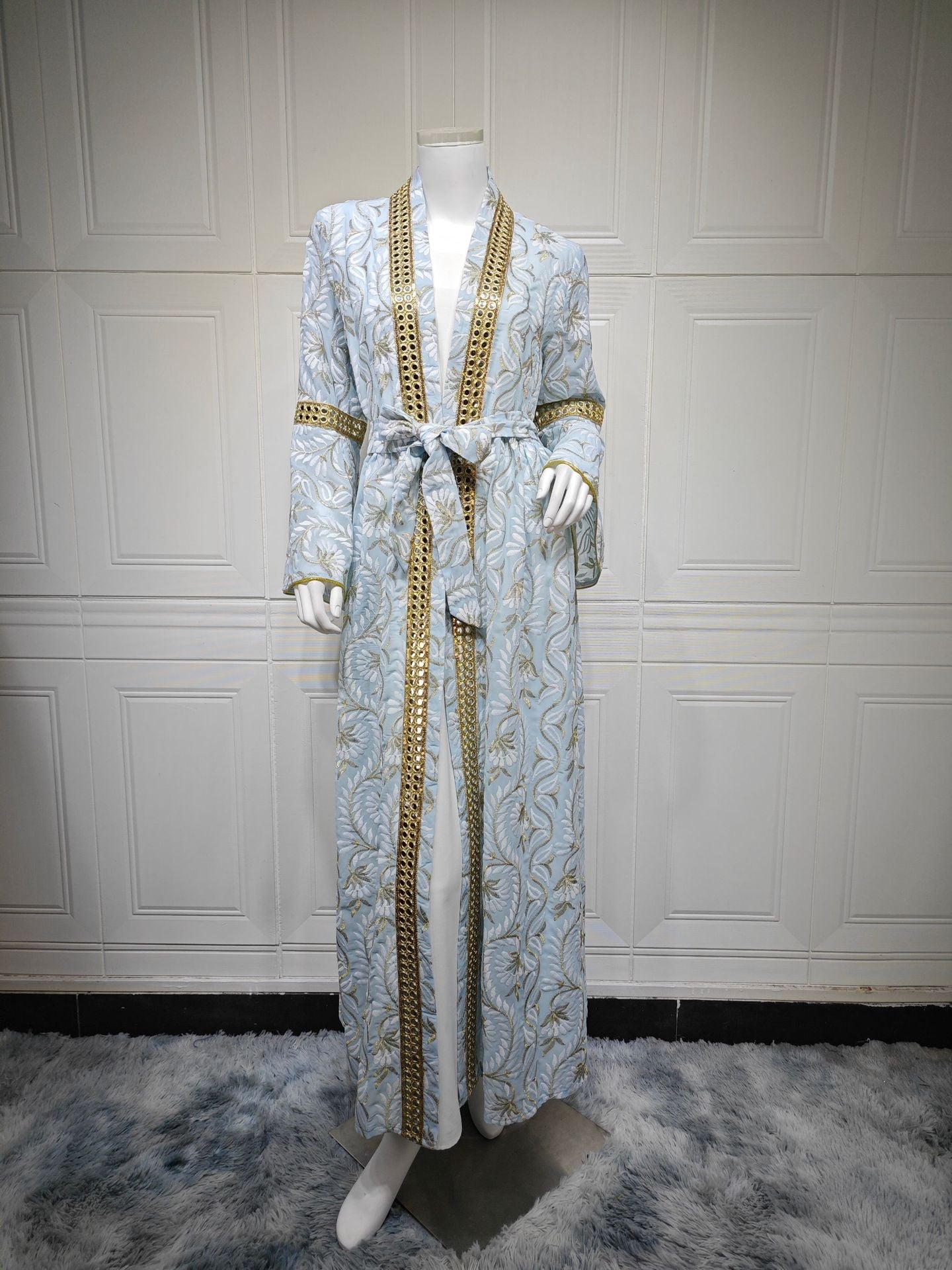 HA6664 Waist-cinching belted long dress set with lightweight printed jacket