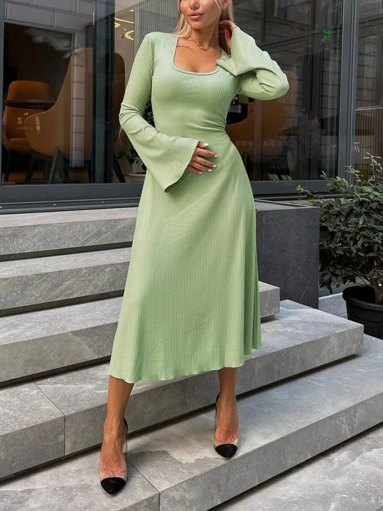 HAYA HAYA0676 Flared Long Sleeved High Waist Maxi Skirt with Lace-up Back