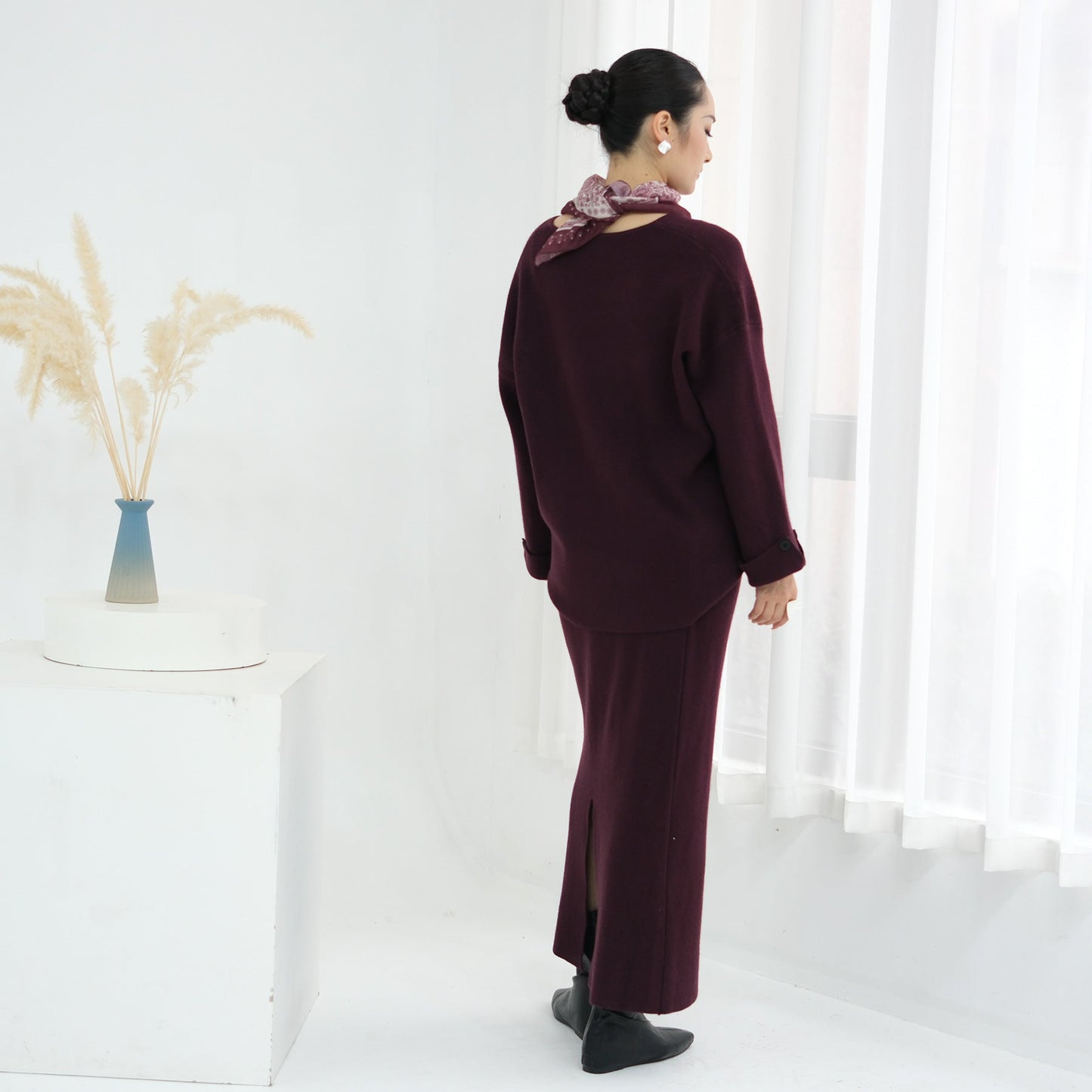 HA6601 Autumn and Winter Thickened Knitted Suit Solid Color Two-piece Skirt Suit (optional Headscarf)
