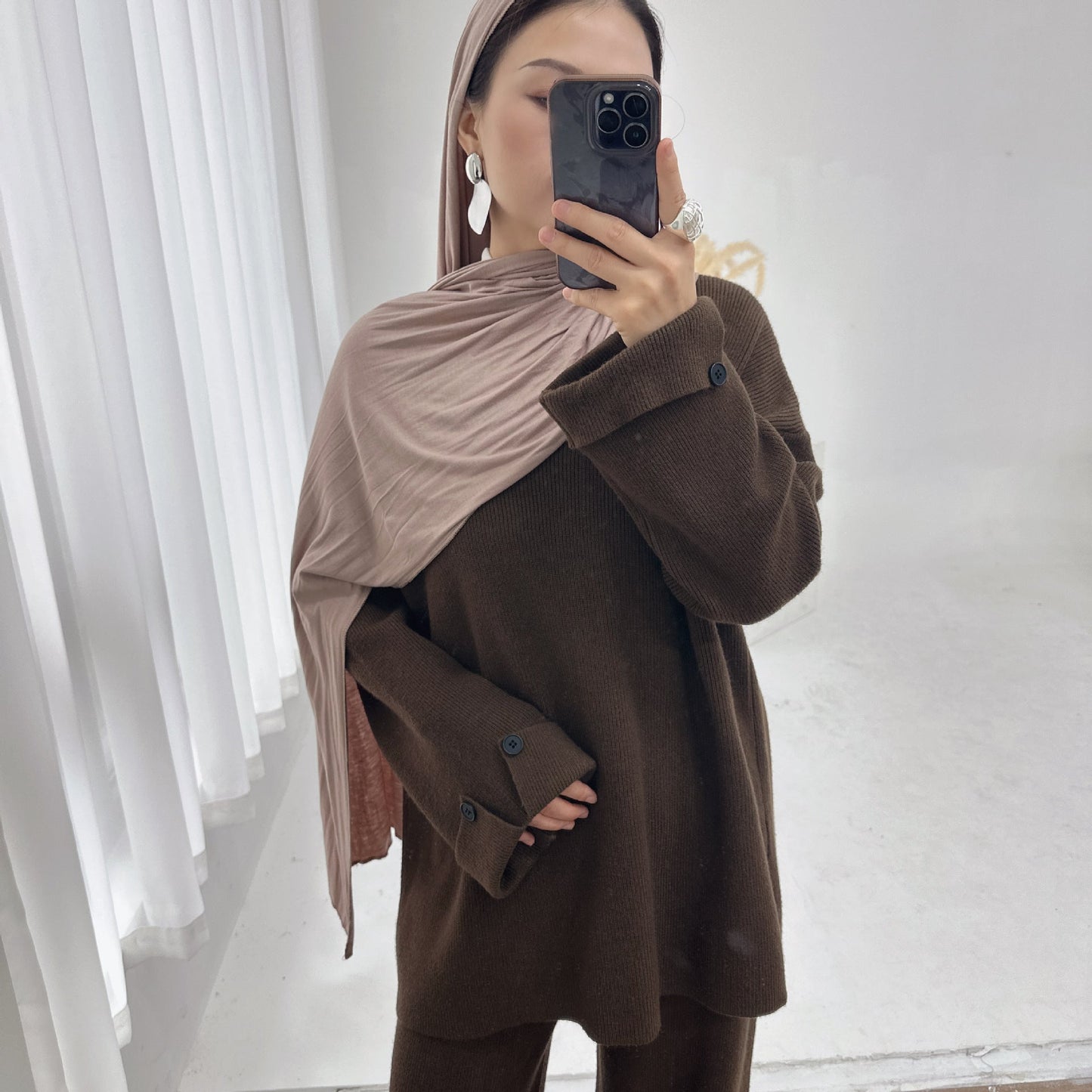 HA6600 Autumn and winter thickened knitted suit solid color two-piece suit (headscarf not included) cuff button design