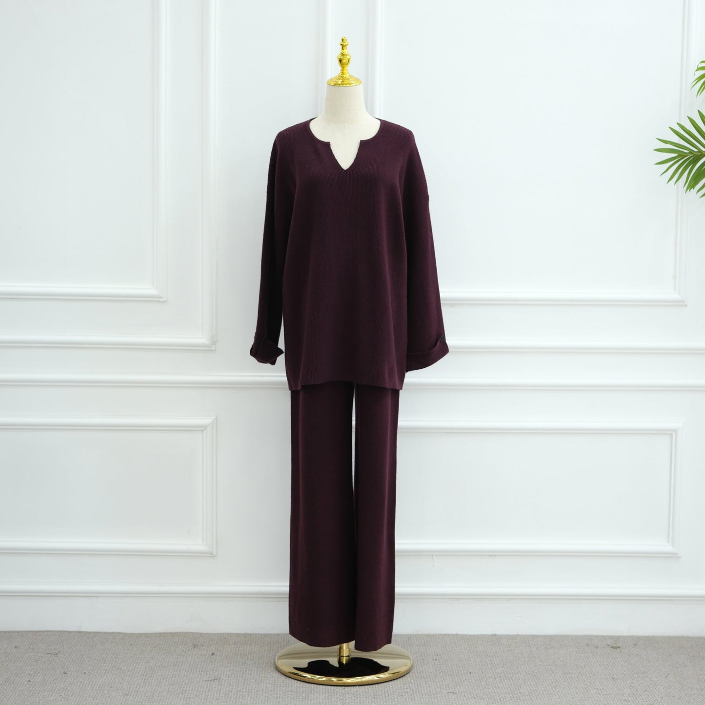 HA6600 Autumn and winter thickened knitted suit solid color two-piece suit (headscarf not included) cuff button design