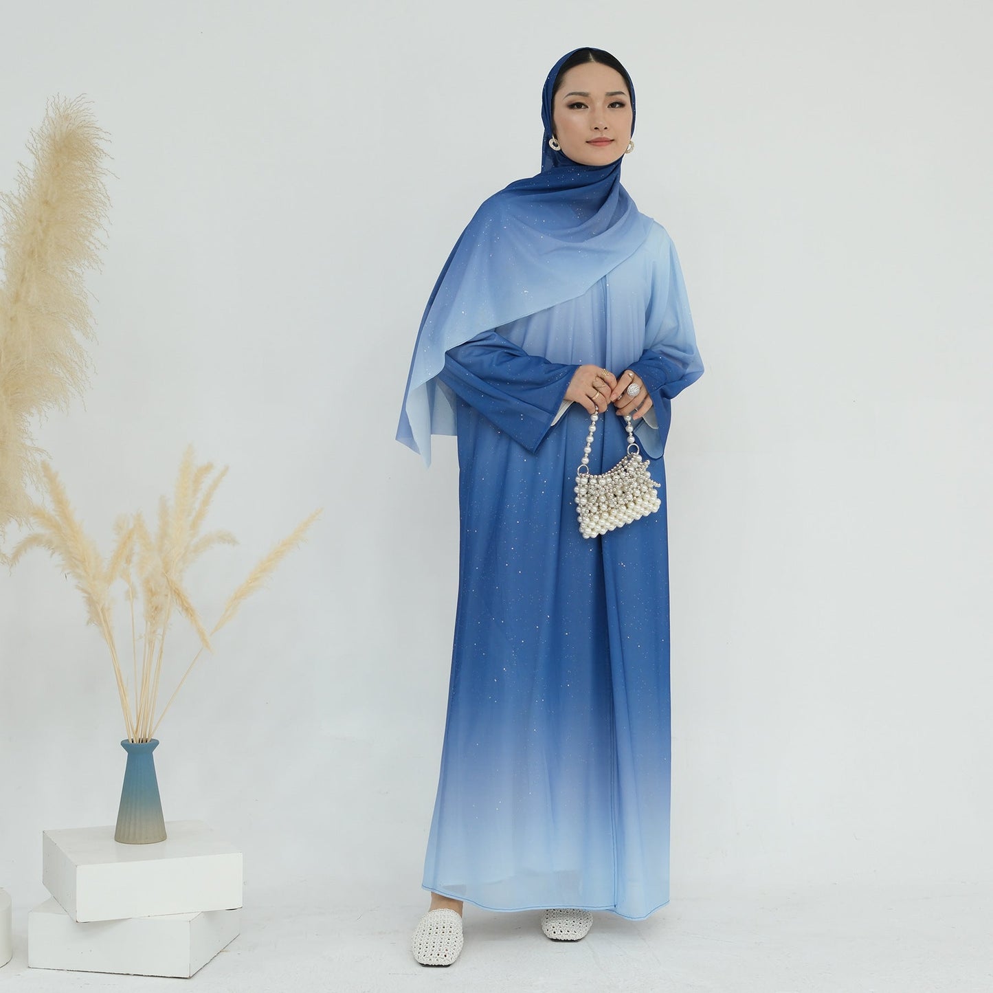 HA6617 Gradient Color Long Cardigan Two-Piece Set (Including Headscarf)