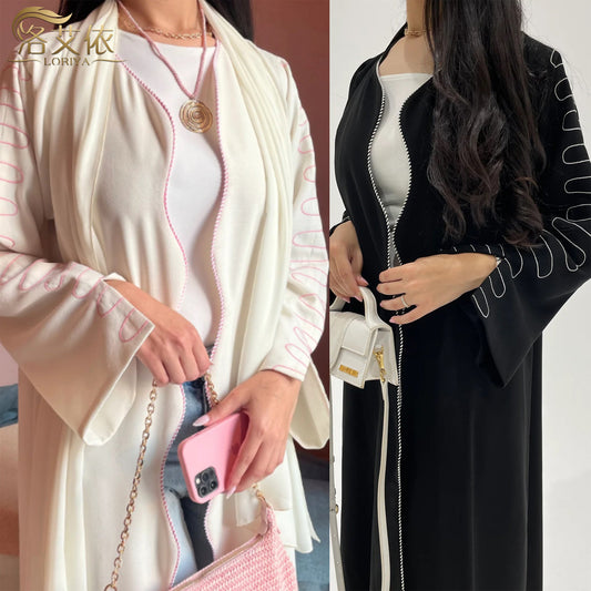 HA6582 Abaya Long Embroidered Wavy Edge Cardigan