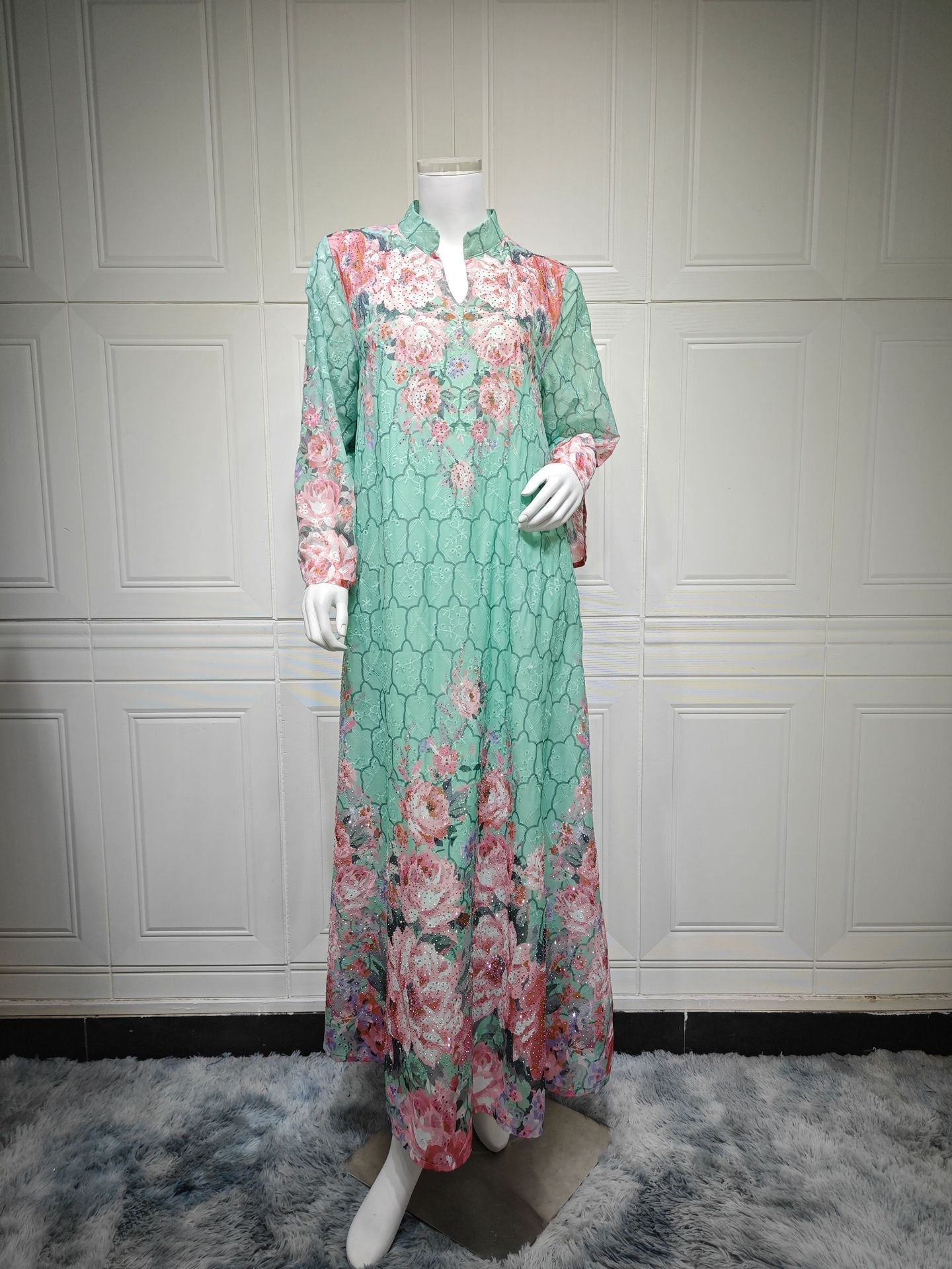 HA6636 Floral Print Embroidered Long Dress