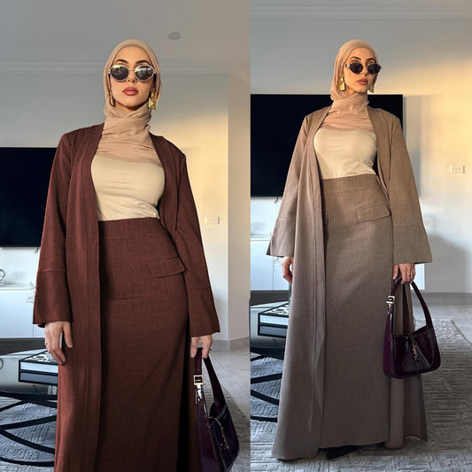 HA6607 Fashion Solid Color Cardigan with Skirt Two-piece Set