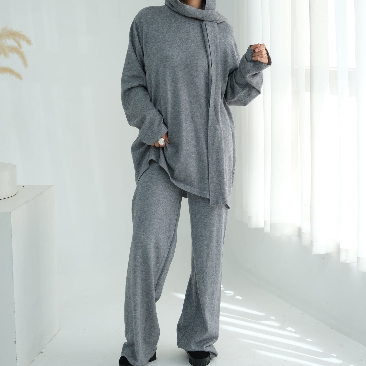 HA6593 Soft knitted home set | Simple solid color two-piece set