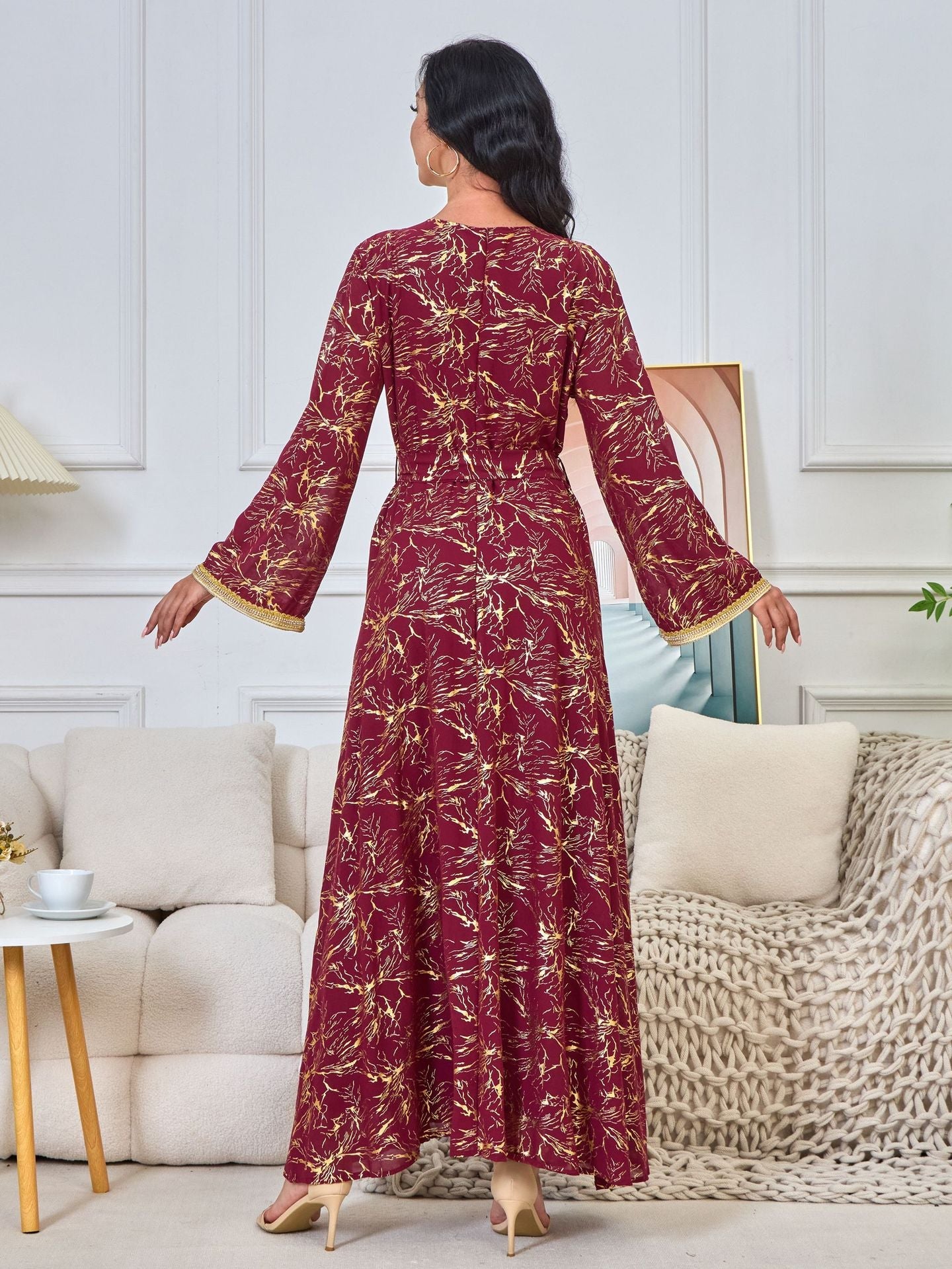 HS6731 V-neck gold-embroidered robe maxi dress
