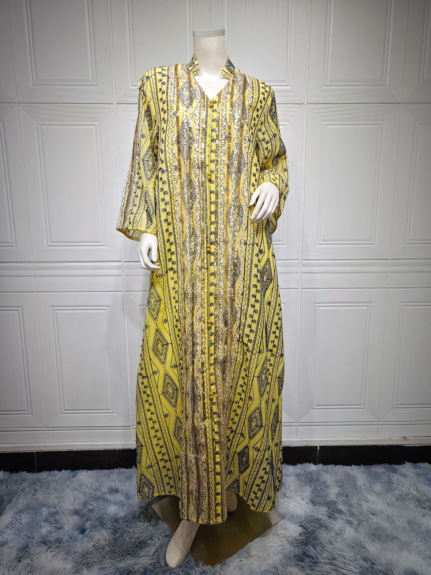 HA6662 Mesh embroidery sequin patchwork long-sleeved dress, loose robe style