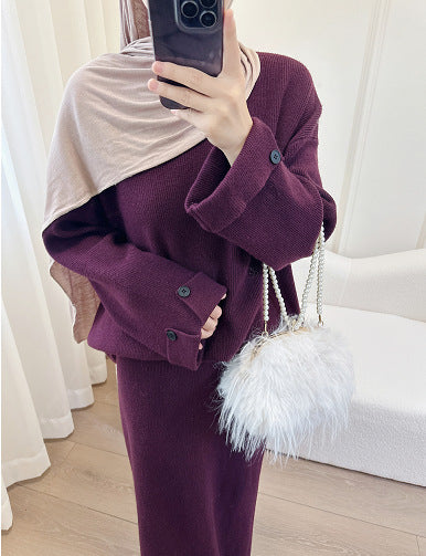 HA6597 Autumn and winter thickened knitted suit solid color two-piece suit (excluding headscarf) top + skirt