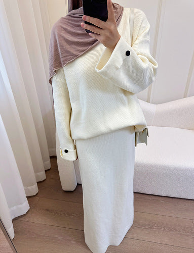 HA6597 Autumn and winter thickened knitted suit solid color two-piece suit (excluding headscarf) top + skirt