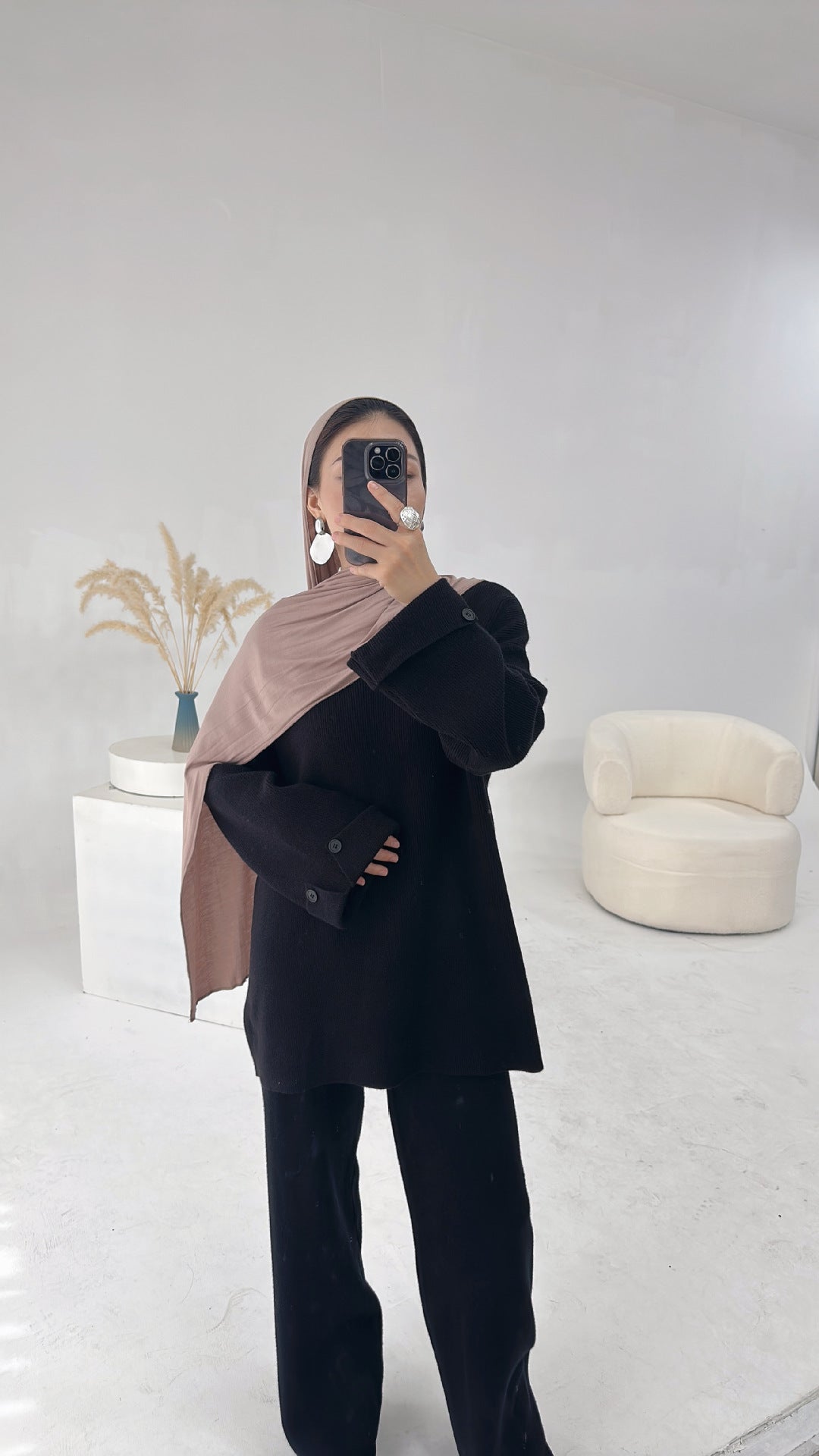 HA6600 Autumn and winter thickened knitted suit solid color two-piece suit (headscarf not included) cuff button design