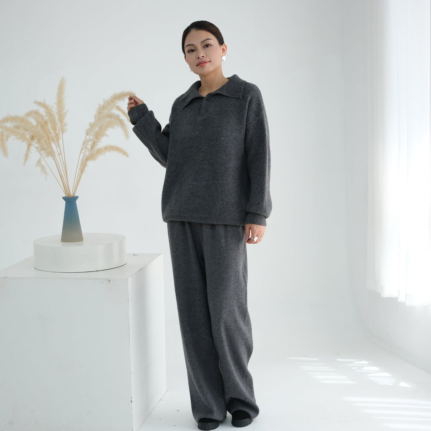 HA6594 Autumn and Winter Thickened Knitted Suit | Simple Solid Color Two-piece Suit