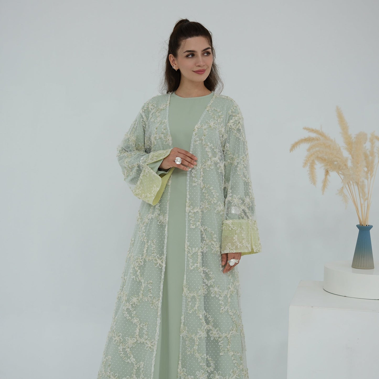 HA6622 3D flower mesh cardigan (optional headscarf and inner layer)