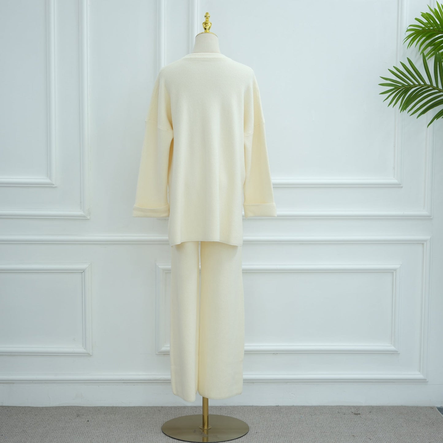 HA6599 Autumn and Winter Thickened Knitted Suit Solid Color Two-piece Suit (excluding Headscarf) Top + Trousers