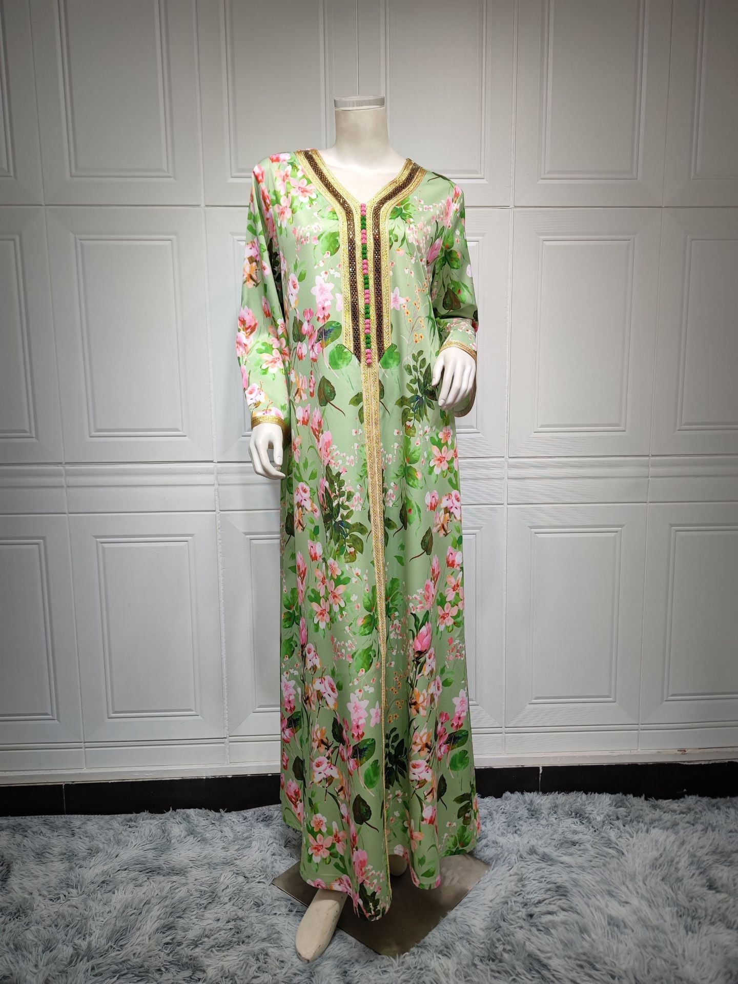 HAYA HAYA1075 Abaya Robe New Printed Rhinestone Dress