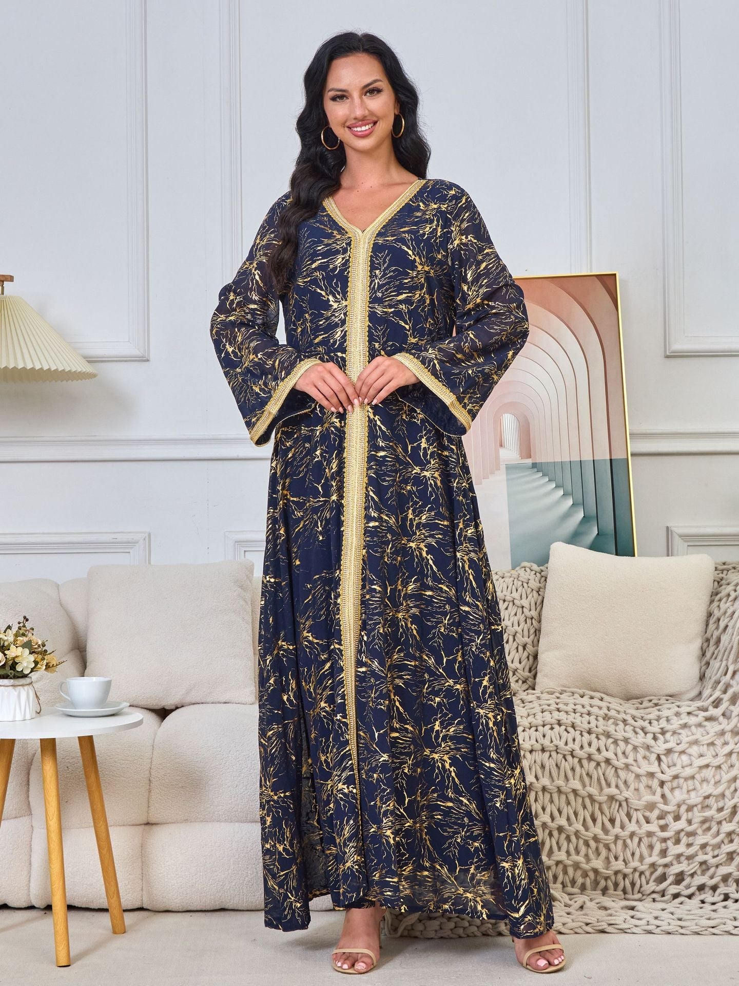 HS6731 V-neck gold-embroidered robe maxi dress