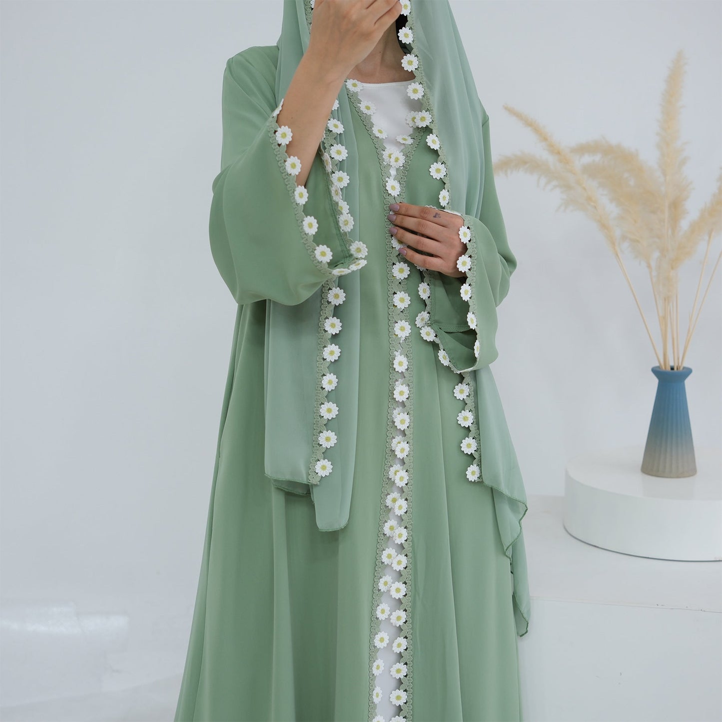 HA6616 Green Flower Stitching Cardigan Two-Piece Set (Including Headscarf)