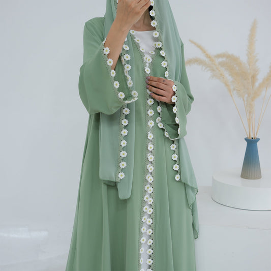 HA6616 Green Flower Stitching Cardigan Two-Piece Set (Including Headscarf)