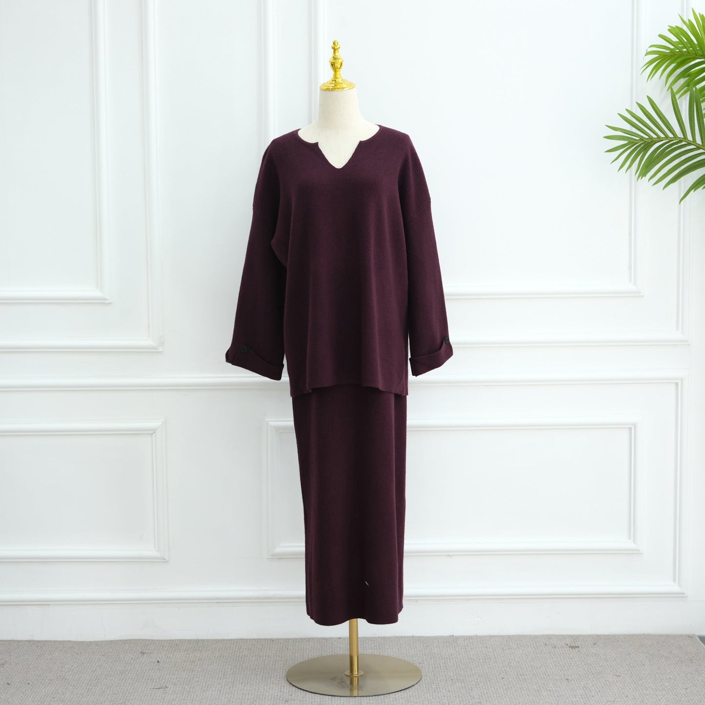 HA6597 Autumn and winter thickened knitted suit solid color two-piece suit (excluding headscarf) top + skirt