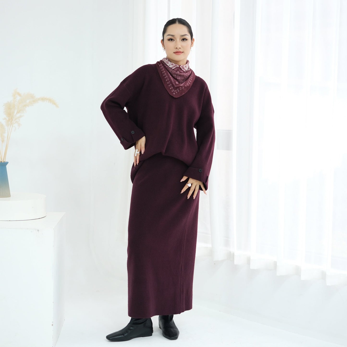 HA6601 Autumn and Winter Thickened Knitted Suit Solid Color Two-piece Skirt Suit (optional Headscarf)