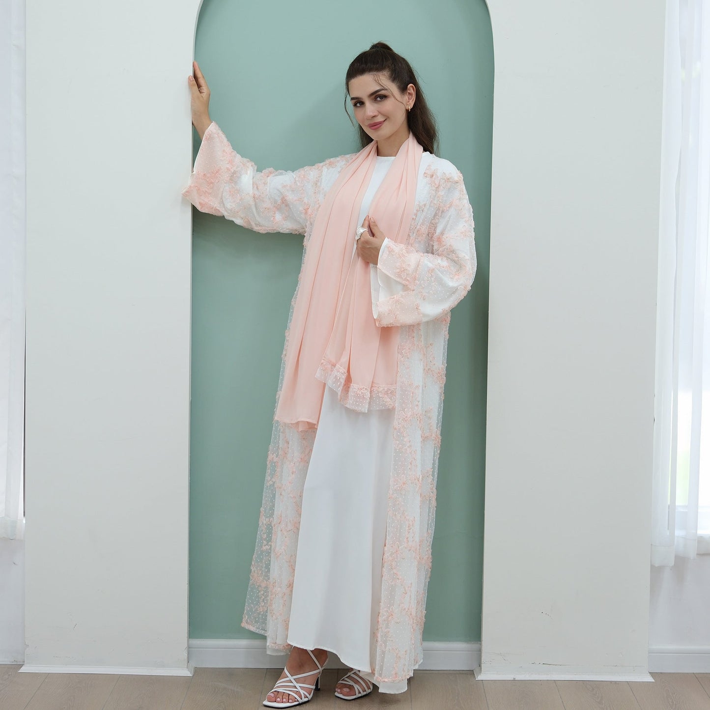 HA6622 3D flower mesh cardigan (optional headscarf and inner layer)