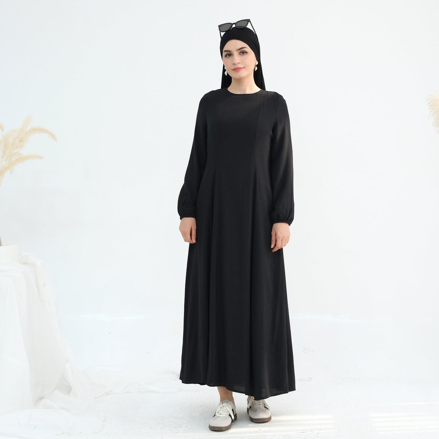 HA6632 Double Lined Simple Long Sleeve Dress